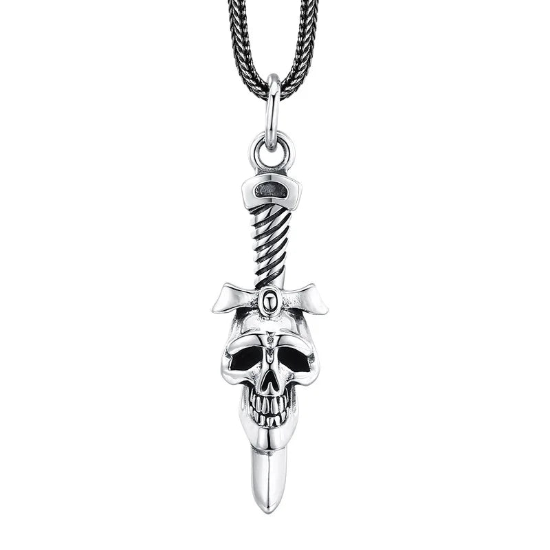 Fine thread necklaces-Vintage Punk Rock Skull Sword Pendant