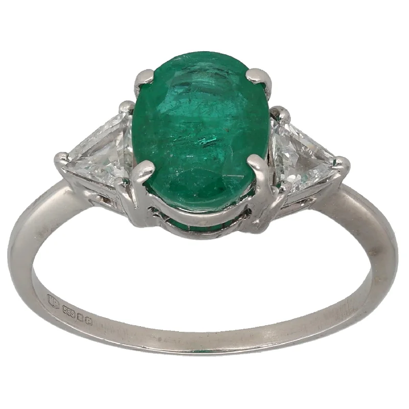 Solid cocktail rings-14ct White Gold Emerald & 0.20ct Diamond Three Stone Ring Size O