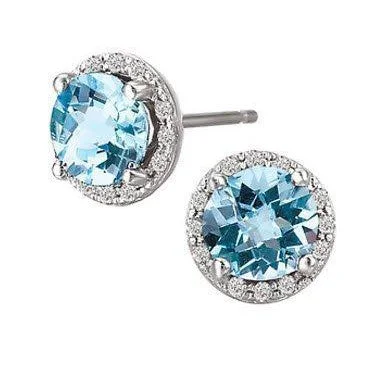 Aged flair earrings-14KT WHITE GOLD BLUE TOPAZ & DIAMOND HALO EARRINGS