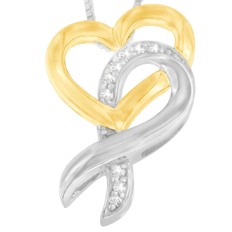 Sun sign necklaces-10K Yellow Gold and .925 Sterling Silver 1/20 cttw Diamond Ribbon-Heart Pendant Necklace