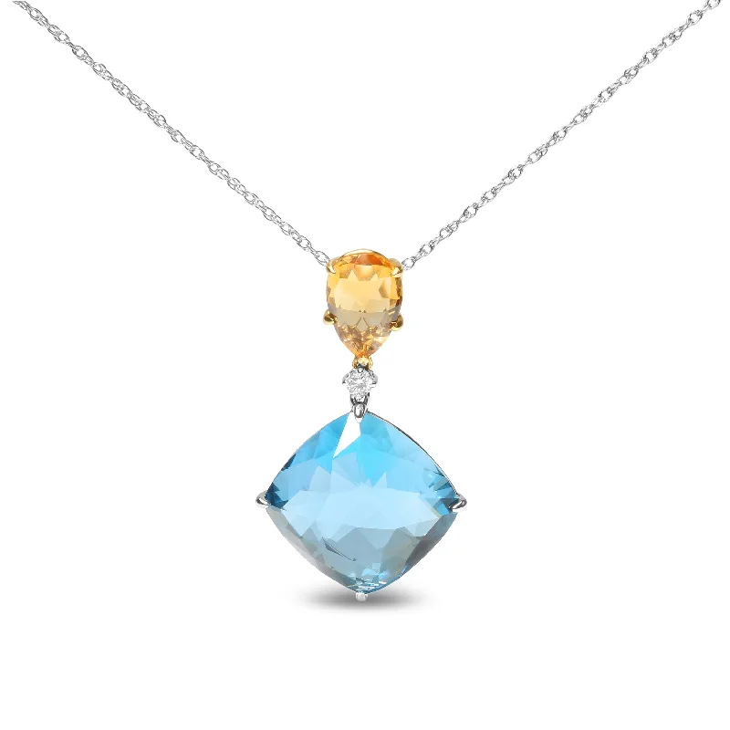 Wrap-style necklaces-18K White and Yellow Gold Diamond Accent and Yellow Citrine and Sky Blue Topaz Gemstone Dangle Drop 18" Pendant Necklace