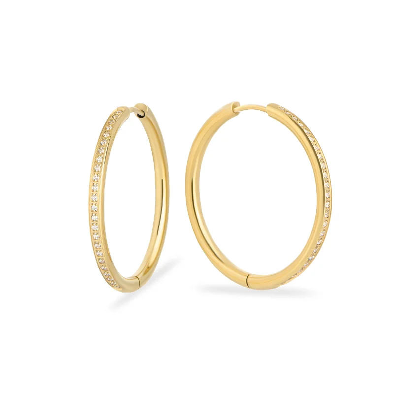 Sleek coin earrings-Stainless thin half eternity hoop earrings