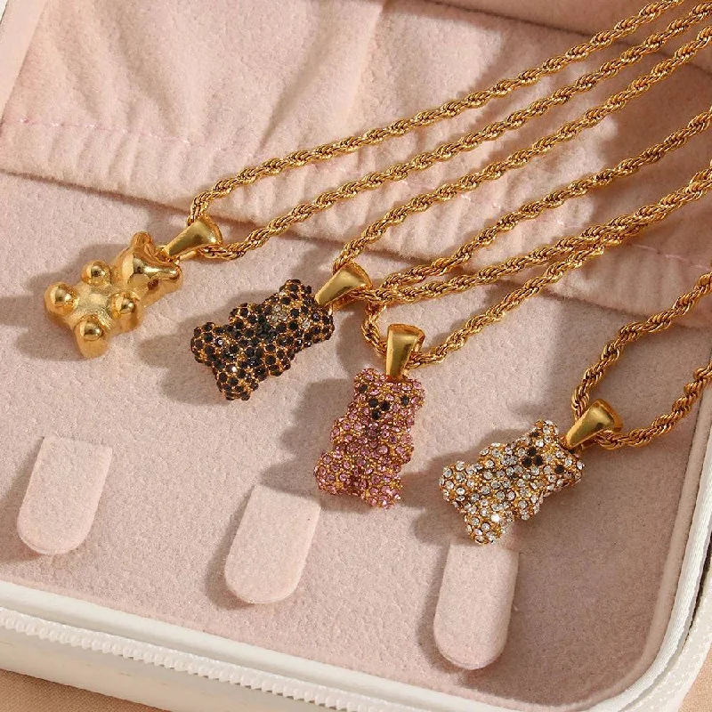 Pure shine necklaces-New Pink Black Clear Zircon Bear Pendant Necklaces