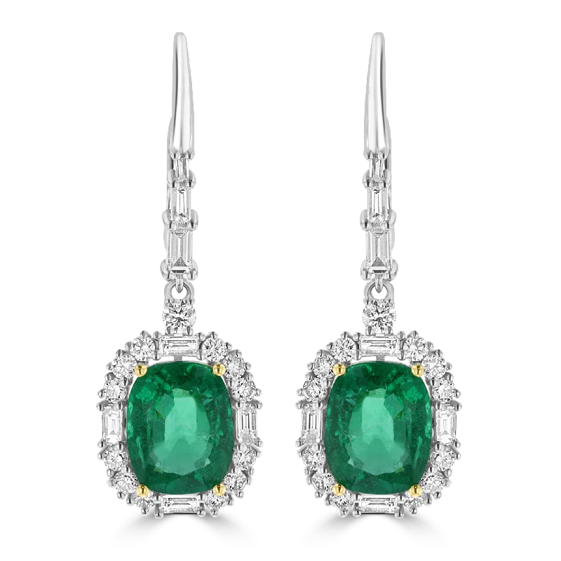 Multi-tier earrings-JULEVE 18KT WHITE GOLD 5.19 CTW EMERALD & 1.50 CTW DIAMOND HALO DROP EARRINGS