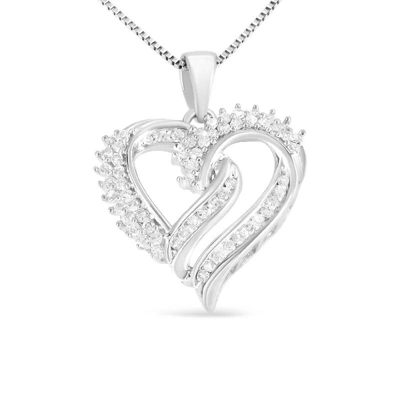 Grace charm necklaces-.925 Sterling Silver 1/2 Cttw Diamond Double Row Openwork Heart Pendant 18" Necklace