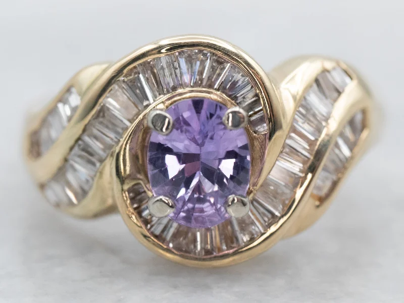 Fine thread rings-Yellow Gold Oval Cut Purple Sapphire Swirl Ring with Baguette Cut Diamond Halo