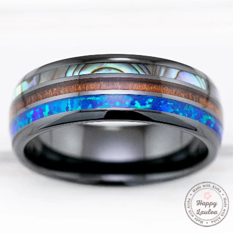 Slip knot rings-HI-TECH Black Ceramic Ring with Abalone Shell, Koa Wood & Opal Inlay - 8mm, Dome Shape, Comfort Fitment