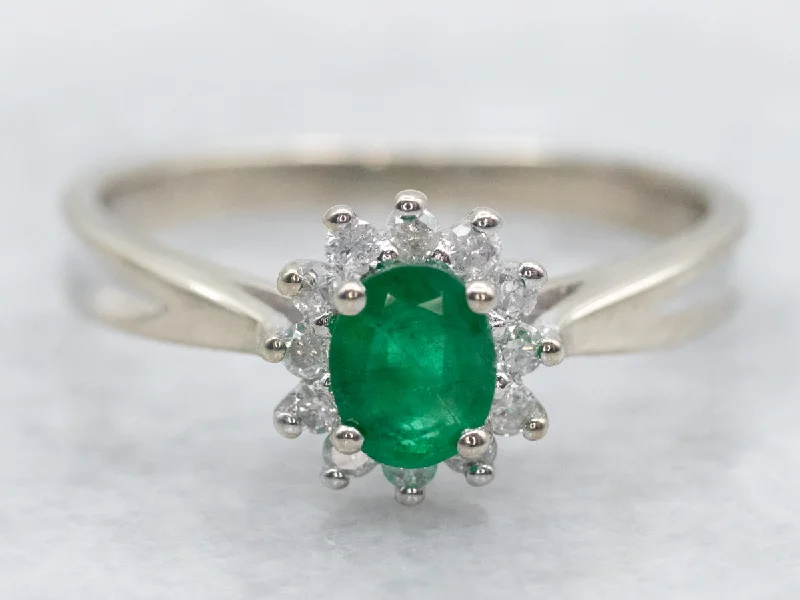 Multi-gem rings-Modern Emerald and Diamond Halo Ring