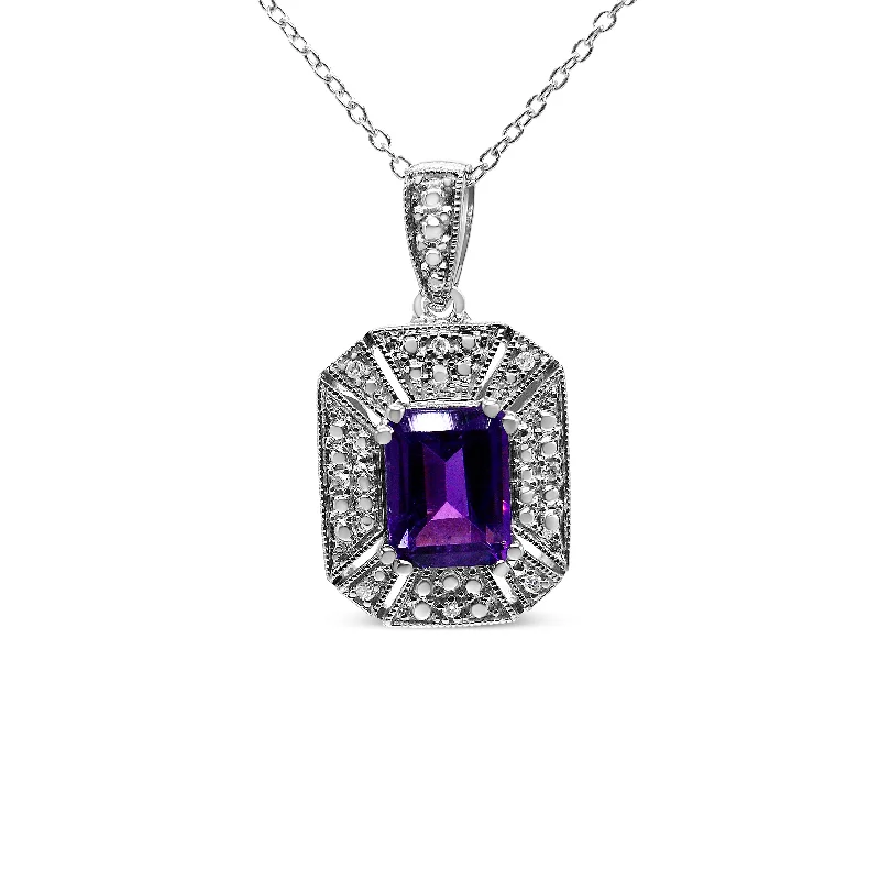 Galaxy charm necklaces-.925 Sterling Silver Purple Amethyst and Diamond Accent Art Deco Style 18" Pendant Necklace