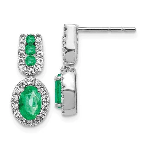 Mixed metal earrings-14KT WHITE GOLD .92 CTW EMERALD & .30 CTW DIAMOND HALO DROP EARRINGS