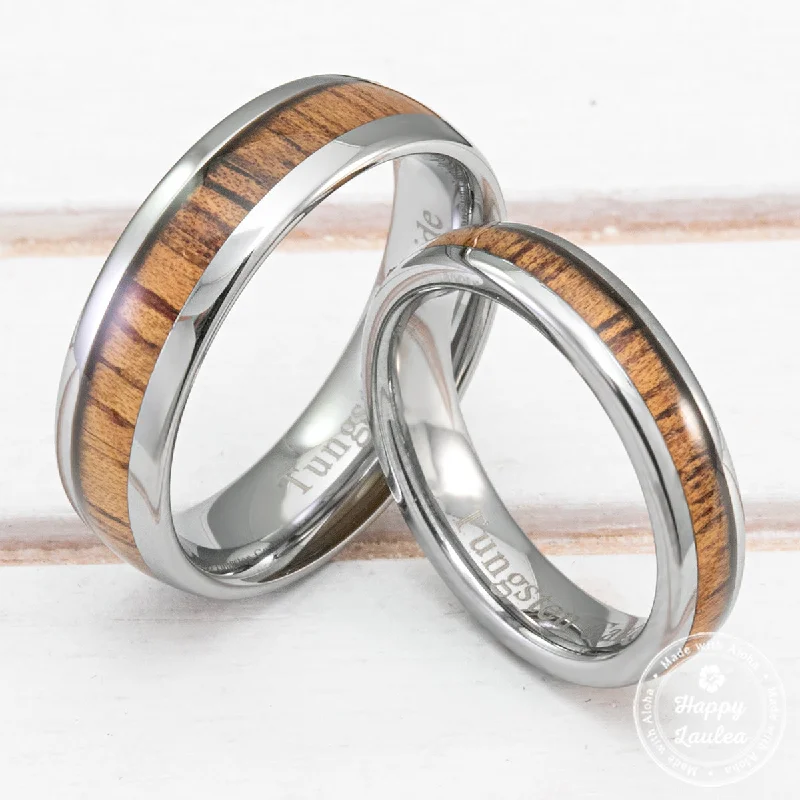 Wolf motif rings-Pair of Tungsten Carbide Rings with Koa Wood Inlay - 4&6mm, Dome Shape, Comfort Fitment