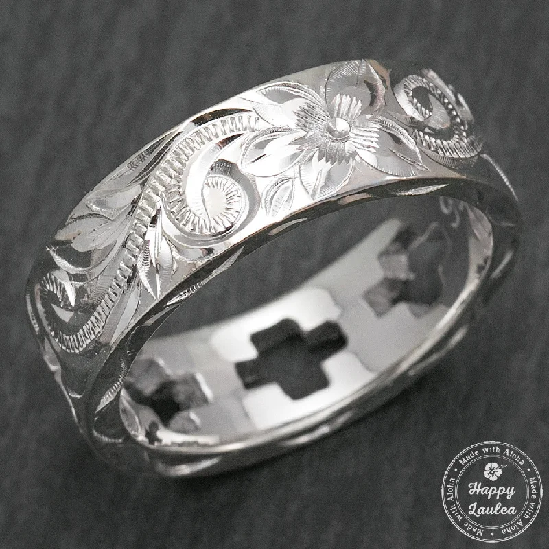 Stretch open rings-925 Sterling Silver Hand Engraved Open Cross Ring [6mm width] Hawaiian Old English Design