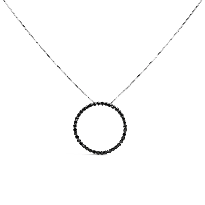 Ripple pattern necklaces-.925 Sterling Silver Black Diamond Open Hoop Circle 18" Pendant Necklace