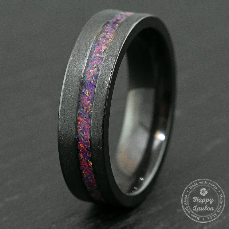 Topaz cut rings-Zirconium Brushed Finish Ring with Lavender Fire Opal Offset Inlay  / 6mm / Flat Shaped & Comfort Fitment