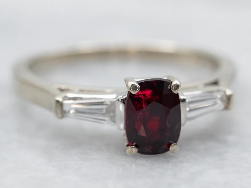 Bead edge rings-White Gold Oval Cut Ruby Ring with Baguette Cut Diamond Accents