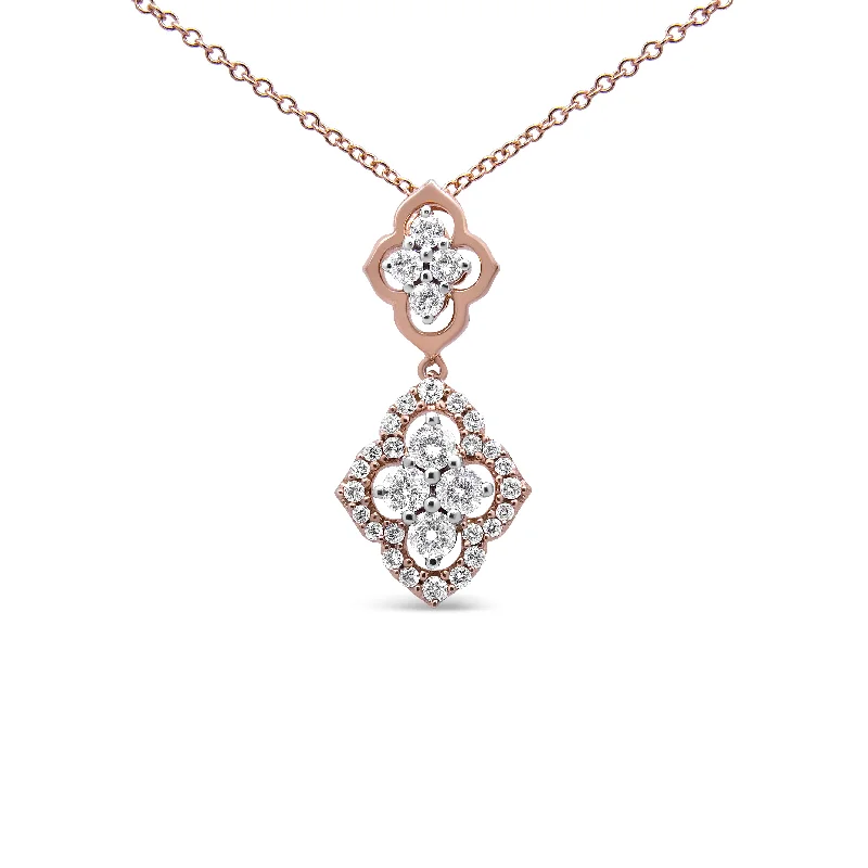 Petite stone necklaces-14K Rose Gold 3/4 Cttw Round Diamond Double Quatrefoil Pendant 18" Necklace