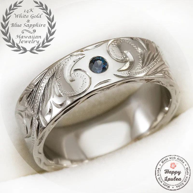 Silk cord rings-14K White Gold Wedding Ring Hand Engraved Hawaiian Heritage Design with Blue Sapphire Setting - 8x2mm, Flat Shape, Standard Fitment