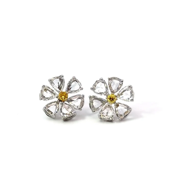 Fine thread earrings-18KT FANCY YELLOW & PEAR SHAPE ROSE CUT DIAMOND DAISY FLOWER EARRINGS