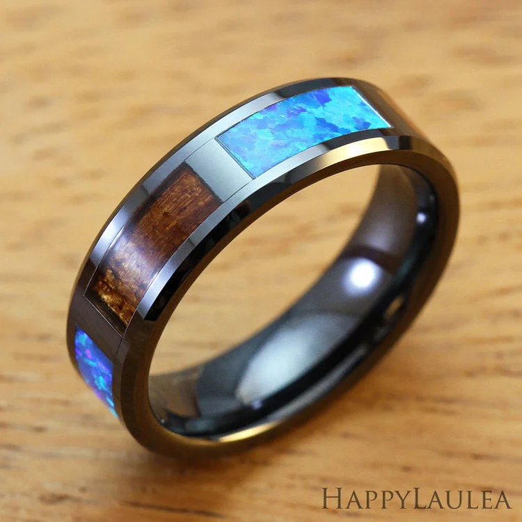 Woven thread rings-HI-TECH Black Ceramic Beveled Ring with Koa Wood and Opal Inlay - 6mm, Flat Shape, Comfort Fitment