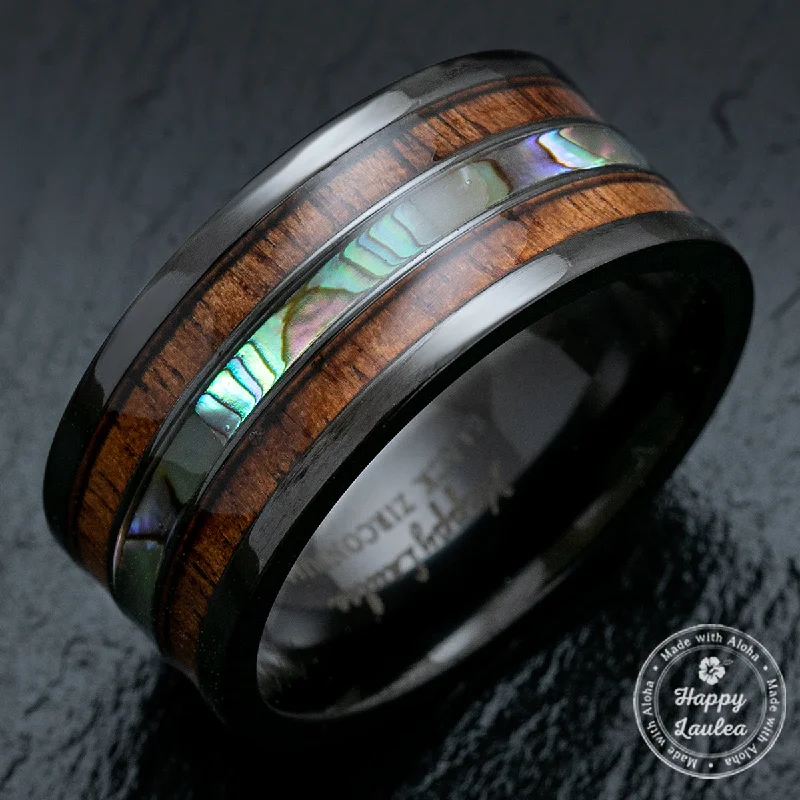 Mixed metal rings-Black Zirconium Wide Width 10mm Ring with Abalone Shell & Koa Wood Tri-Inlay - Flat Shape, Comfort Fitment