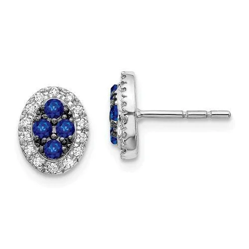 Fine clay earrings-14KT GOLD 0.40 CTW SAPPHIRE & 0.14 CTW DIAMOND OVAL CLUSTER HALO EARRINGS