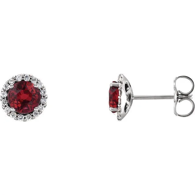 Soft texture earrings-14KT GOLD 0.30 CTW RUBY & 0.12 CTW DIAMOND HALO EARRINGS