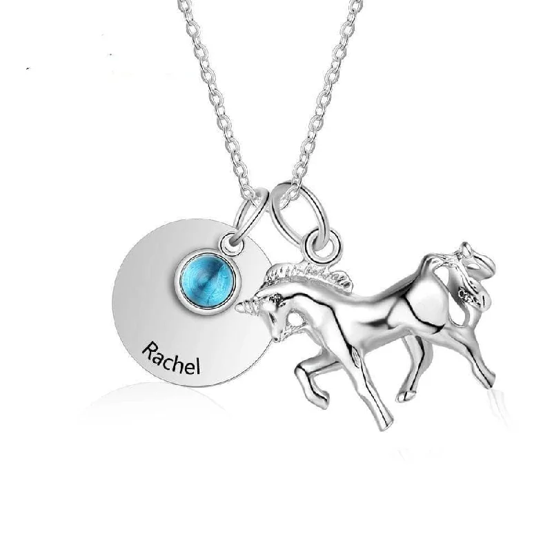 Tarnished silver necklaces-Custom Birthstone Round Horse Name Necklace