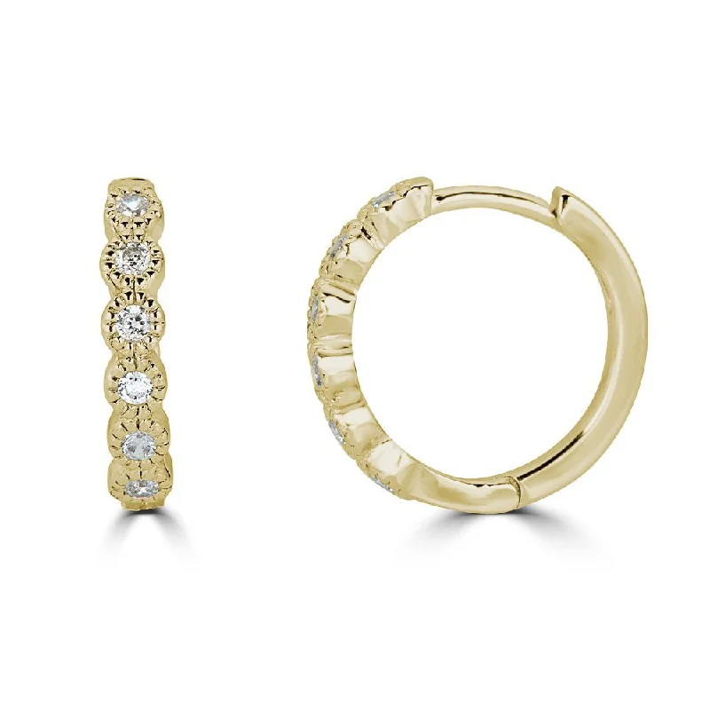 Solid statement earrings-EMILIQUE 14KT GOLD 0.12 CTW DIAMOND BEZEL HUGGIE HOOP EARRINGS