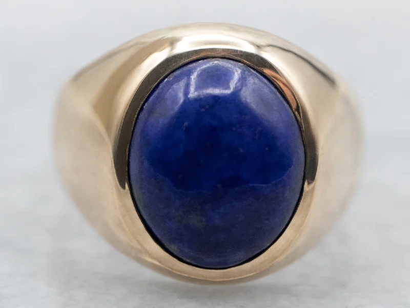 Solid stone rings-Yellow Gold Bezel Set Oval Cut Lapis Solitaire Ring