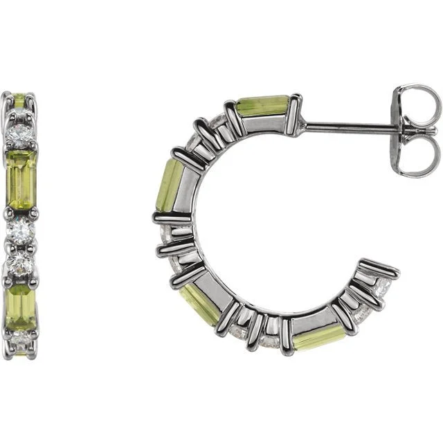 Wide bar earrings-14KT GOLD PERIDOT & DIAMOND J HOOP EARRINGS