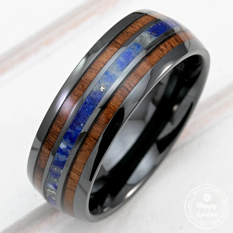 Solid stone rings-Black Ceramic Ring with Koa Wood & Lapis Tri-Inlay - 8mm, Dome Shape, Comfort Fitment