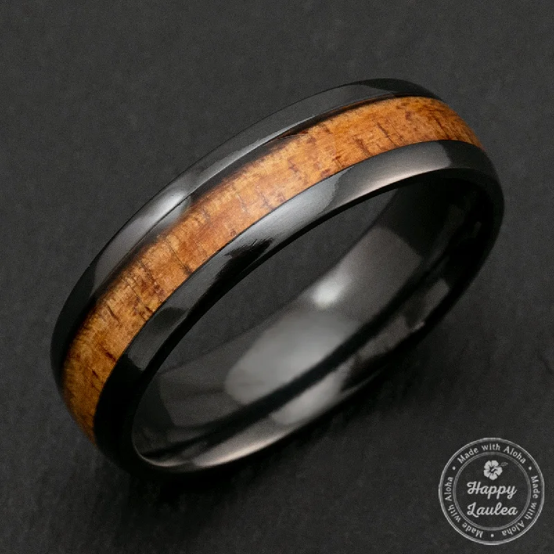 Sapphire stone rings-Black Zirconium 6mm Ring with Hawaiian Koa Wood Inlay - Dome Shape, Comfort Fitment