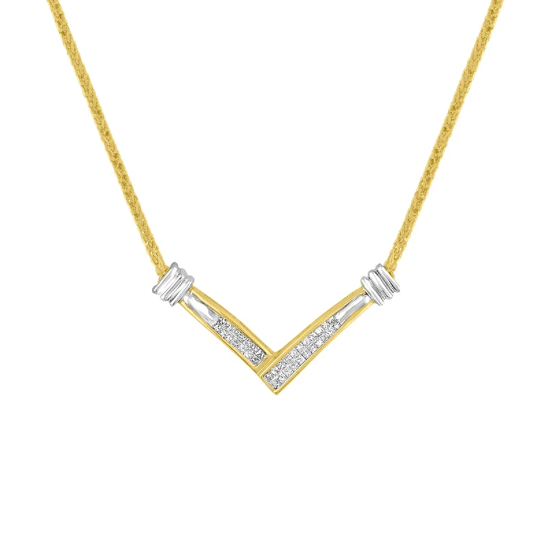 Solid gem necklaces-14K Yellow and White Gold 1/4 Cttw Princess Cut Diamond Channel-Set “V” Shape 18" Pendant Necklace