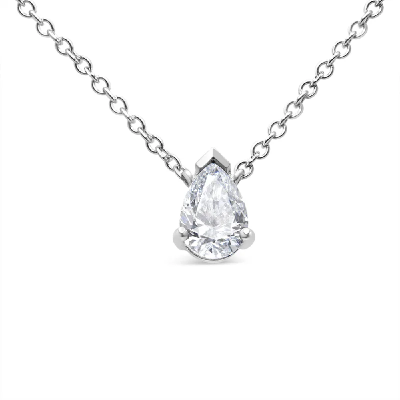 Owl feather necklaces-AGS Certified 14K White Gold 1/2 Cttw Diamond Pear 18" Pendant Necklace