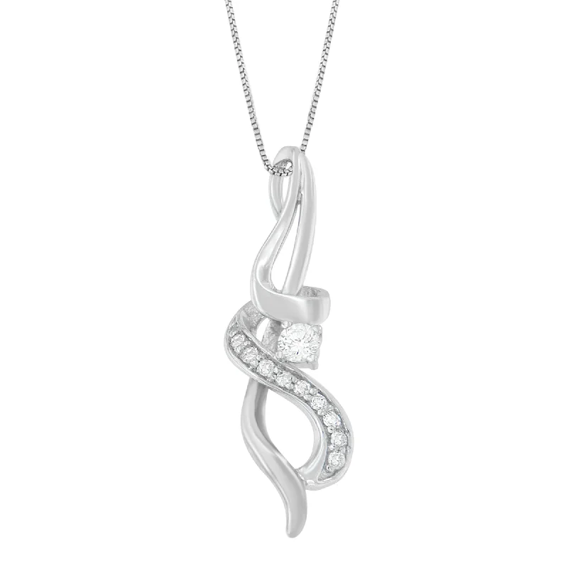 Twist knot necklaces-Espira 10K White Gold 1/5 cttw Round Cut Diamond Swirl Pendant Necklace