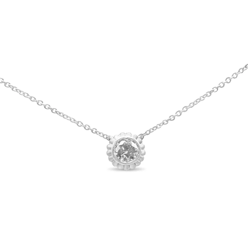 Vintage locket necklaces-10K White Gold 1/4 Cttw Bezel-Set Round Diamond Solitaire Floral Pendant 18" Necklace