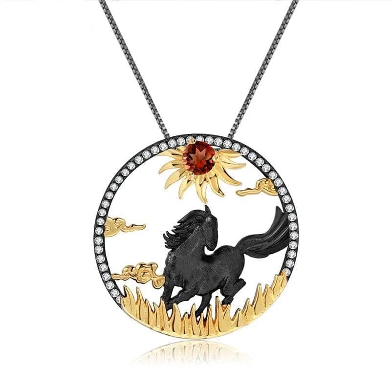 Agate stone necklaces-Year Of The Horse-Natural Red Garnet Gemstone Handmade Sun & Horse Necklace