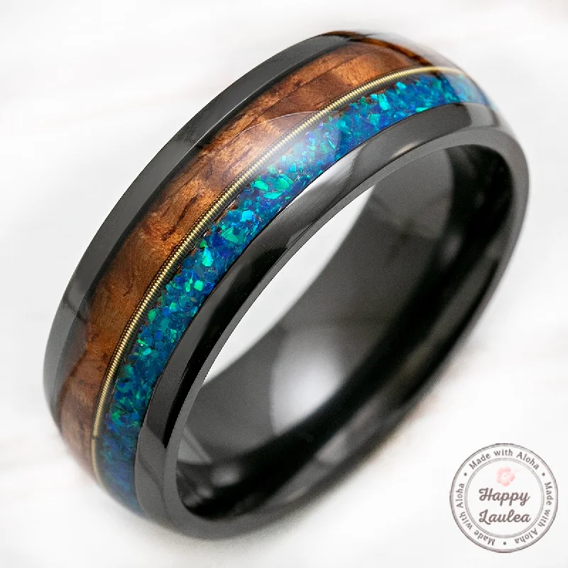 Fun rings-Black Zirconium 8mm Ring with Guitar String, Azure Opal, & Hawaiian Koa Wood - Dome Shape, Comfort Fitment