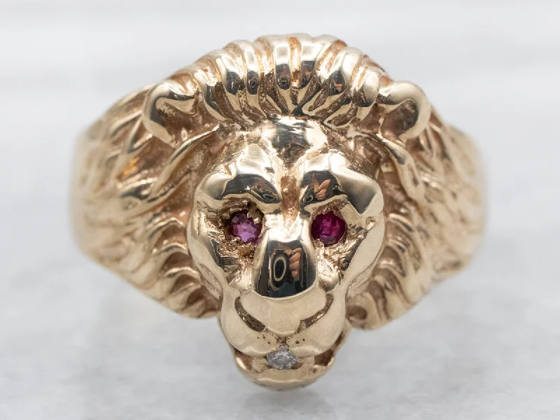 New moon rings-Yellow Gold Lion Ring with Ruby Eyes and Diamond in Mouth