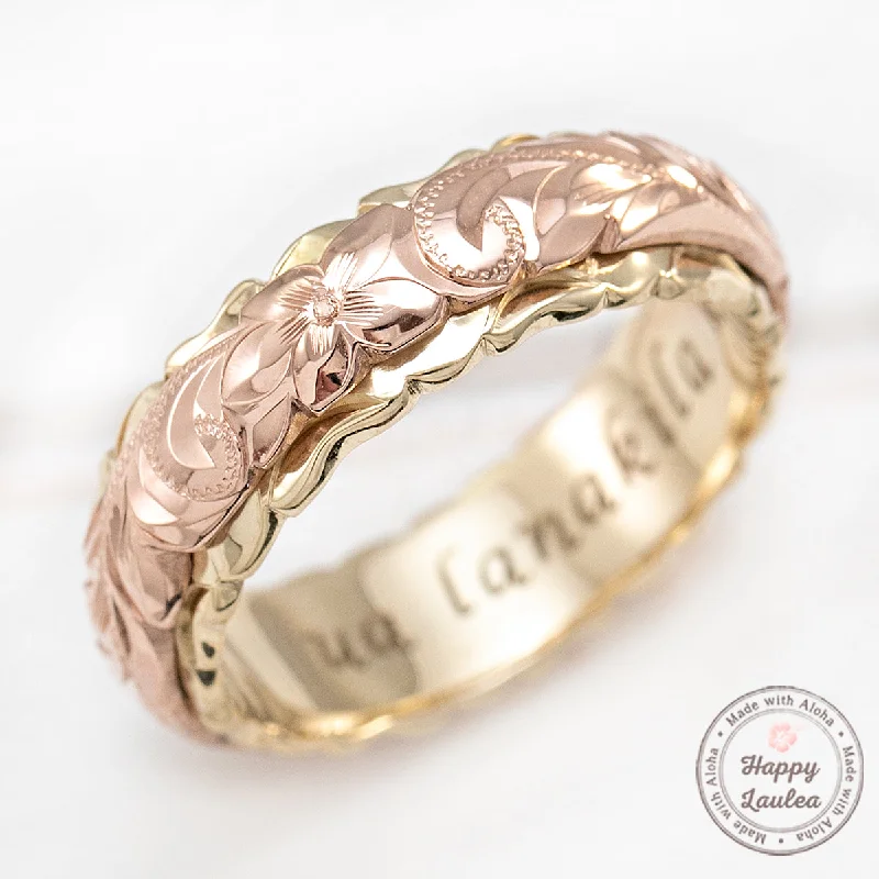 Clear crystal rings-14K Solid Gold [4x6mm] Two Tone Ring with Hawaiian Hand Engraved Heritage Design