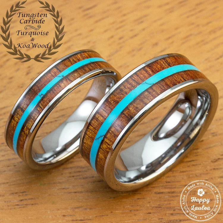 Akoya pearl rings-Tungsten Carbide Ring Set with Hawaiian Koa Wood and Thin Mid-Strip Turquoise Inlay