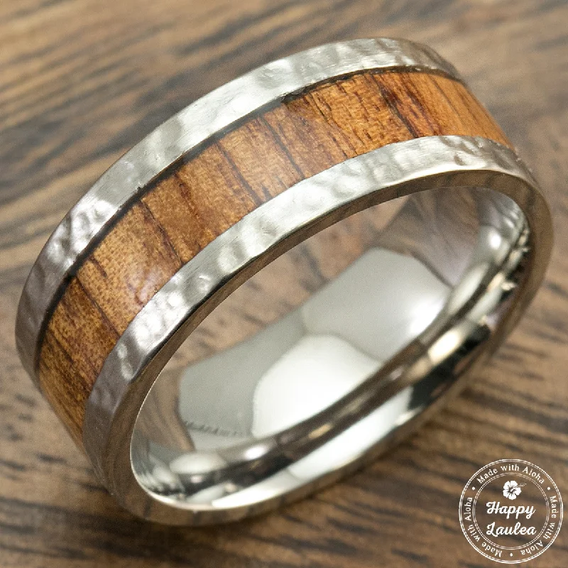 Regency style rings-Hammered Titanium Ring with Hawaiian Koa Wood inlay - 8-10mm Comfort Fitment, Flat Shaped