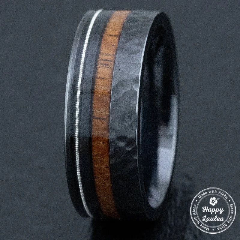 Sleek clasp rings-Black Titanium Hammered Finish Ring [9mm width] Offset Guitar String & Hawaiian Koa Wood - Flat Shape