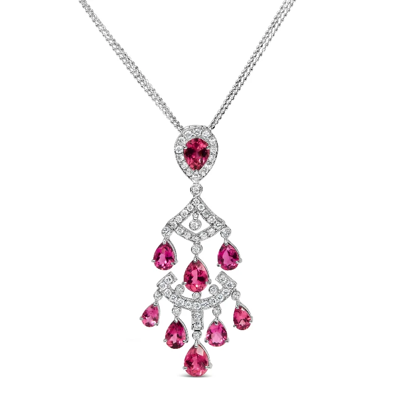 Silk cord necklaces-18K White Gold 1 1/10 Cttw Diamond and Pink Tourmaline Double-Strand Art Deco Inspired Chandelier 18" Pendant Necklace