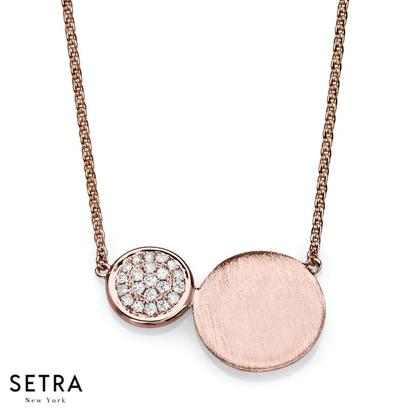 Family birthstone necklaces-14K FINE ROSE GOLD WITH DIAMONDS DOUBLE CIRCLE DISC Necklace MATT FINISH