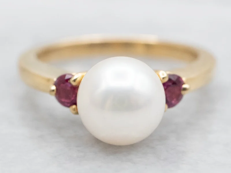 Soft texture rings-Saltwater Pearl and Ruby Ring