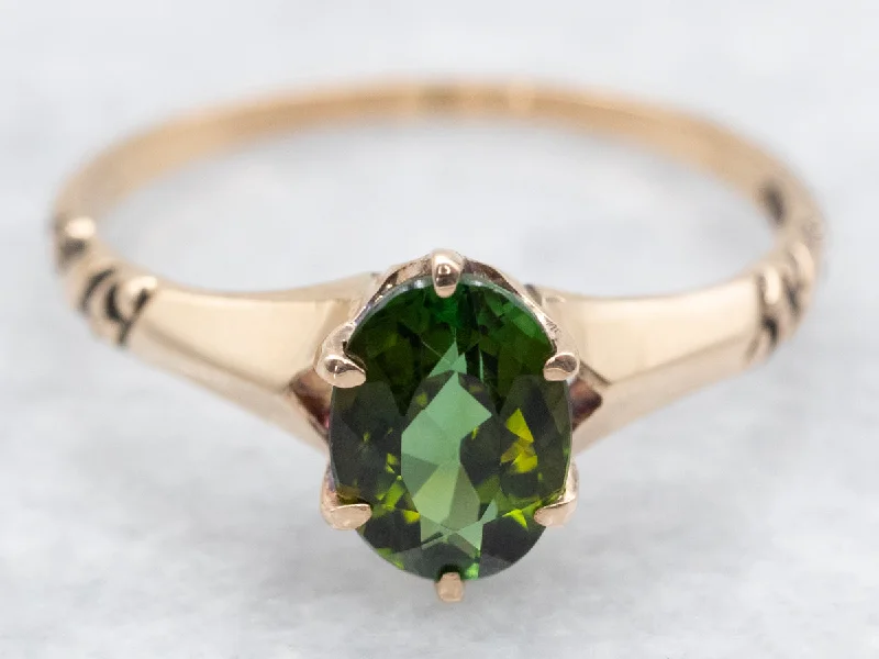 Fine star rings-Antique Gold Green Tourmaline Solitaire Ring