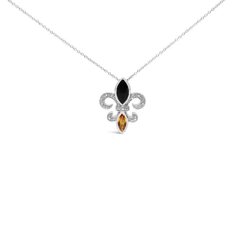 Cosmic sign necklaces-.925 Sterling Silver Marquise Onyx and Citrine and Diamond Accent Fleur De Lis Pendant Necklace