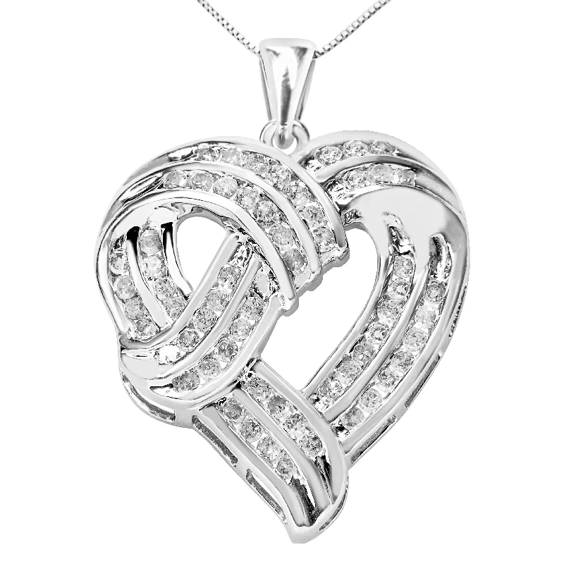 Classic photo necklaces-.925 Sterling Silver 1 1/4 Cttw Round Diamond Openwork Ribbon Weave Heart Pendant 18" Necklace