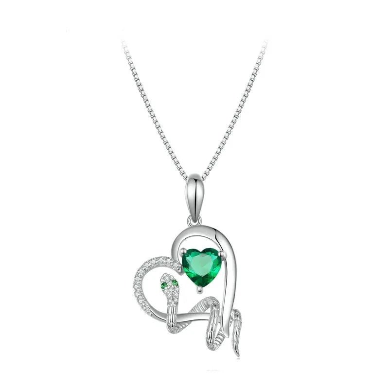 Wide bib necklaces-Green Heart Diamond Pendant Necklace with Snake Intertwine